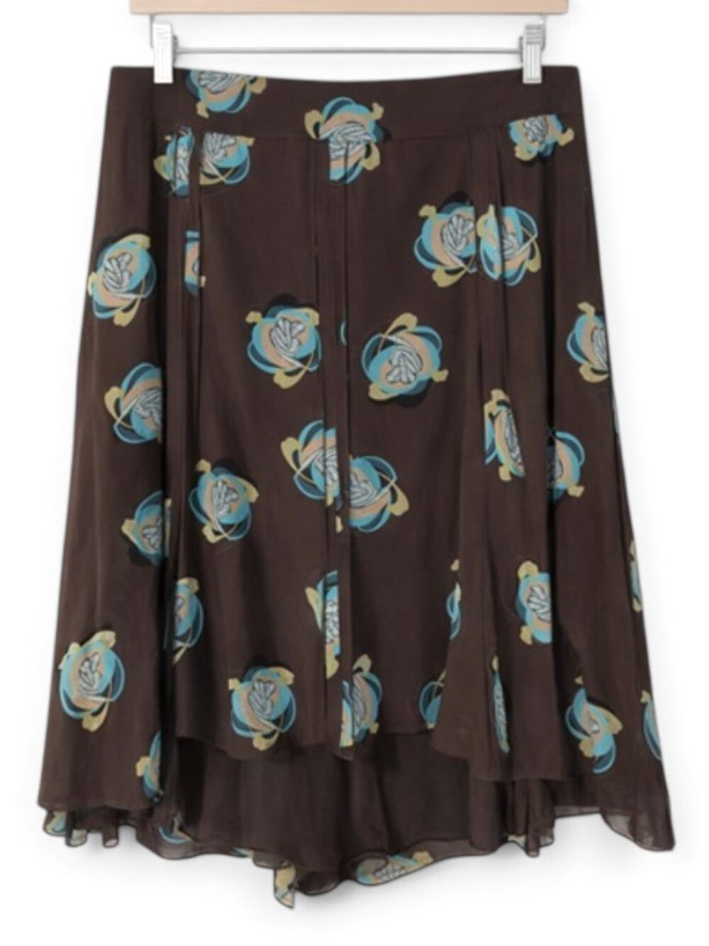 Mexx Y2K Floral High Low Midi Panelled A-LIne Skirt Size 6 Brown Teal